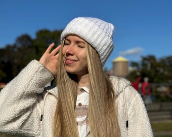 Mohair winter hat for woman with double lapel Handmade knitted knits warm winter white stylish hat Cozy white big hat handknitted Montreal