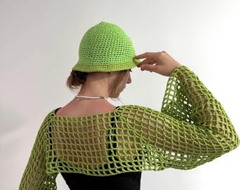 Handmade Crochet Green Bucket Hat – Cotton & Lurex Lightweight Summer Hat – Bright Green Sun Hat – Trendy Crochet Hat - Set of 2 Hat and Top