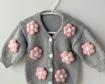 Baby girl knitted cardigan FLOWER handmade cute sweater with buttons gray and pink