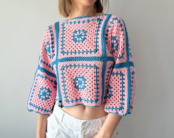 Crochet Cotton Top Women Handmade Granny Square Crop Top Boho Summer Shirt 3/4 Sleeve Festival Clothing Pink Blue Pullover Bright Sweater