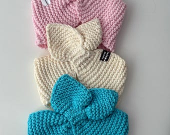 Hand Knit Baby Bow Headband Cotton Acrylic Head Wrap 9–18 Months Toddler Girl Winter Fall Spring Ear Warmer Handmade Baby Hair Accessory