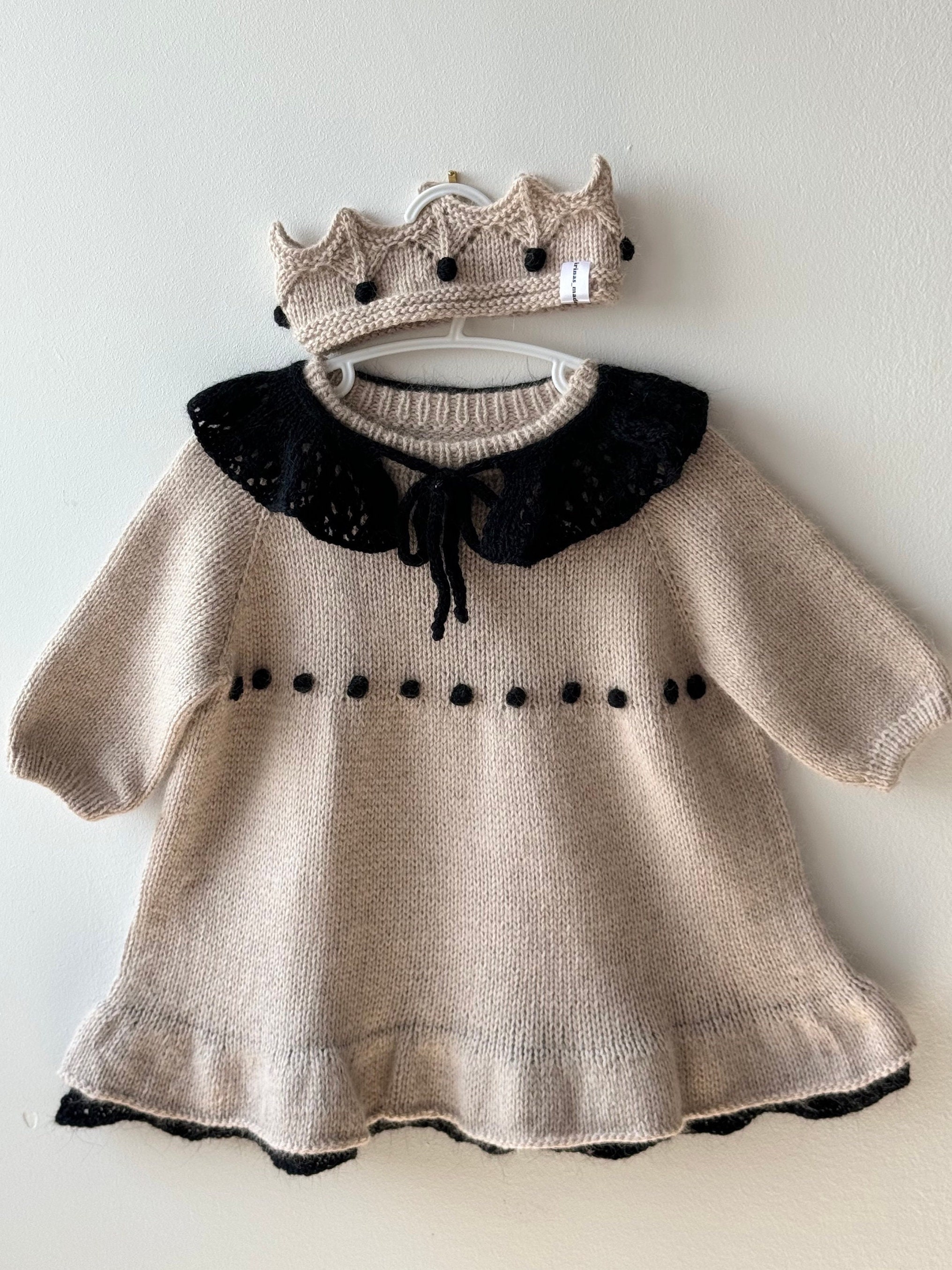 Set for a baby girl with headband crown and collar from angora cashmere wool dress gift idea handmade knitted outfit for toddler