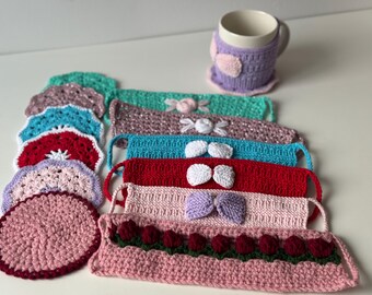 Mug Handmade Crochet Cozy  Coaster Set Cotton Wool Mix Cute Gift Set Reusable Cup Sleeve Floral & Bow Designs Home Decor Mothers Day Gift