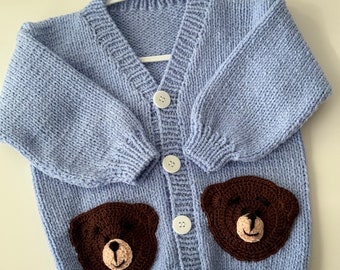 Hand-Knitted Merino Wool Cardigan for Toddler Boy Blue Bear Pockets Sweater 18–24 Months Soft Wool Baby Gift Cozy Winter Fall Knitwear Kids