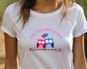 Amore gufo, camicia da amante del gufo giocoso, design simpatico gufo, regalo perfetto per gli appassionati di gufi, maglietta di San Valentino, camicia d'amore, regalo per lei