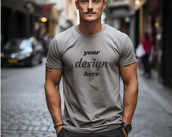 Silver Bella Canvas 3001 Mockup, Car Guy Mockup Model, Mechanic Shirt Mockup, Father’s Day Mockup, street Male Mockup, 3001 man Mockup