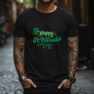May include: A black t-shirt with a green shamrock and the text "Happy St. Patrick's Day" in green lettering.
