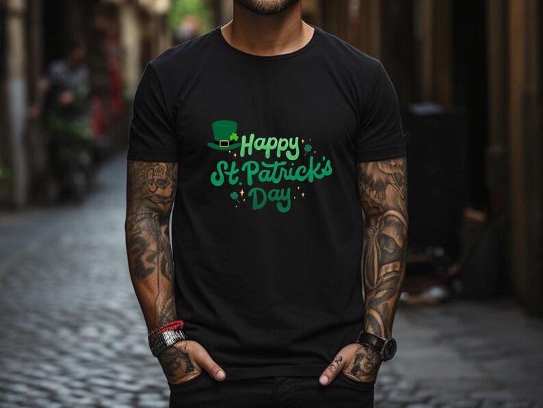 May include: A black t-shirt with a green shamrock and the text "Happy St. Patrick's Day" in green lettering.