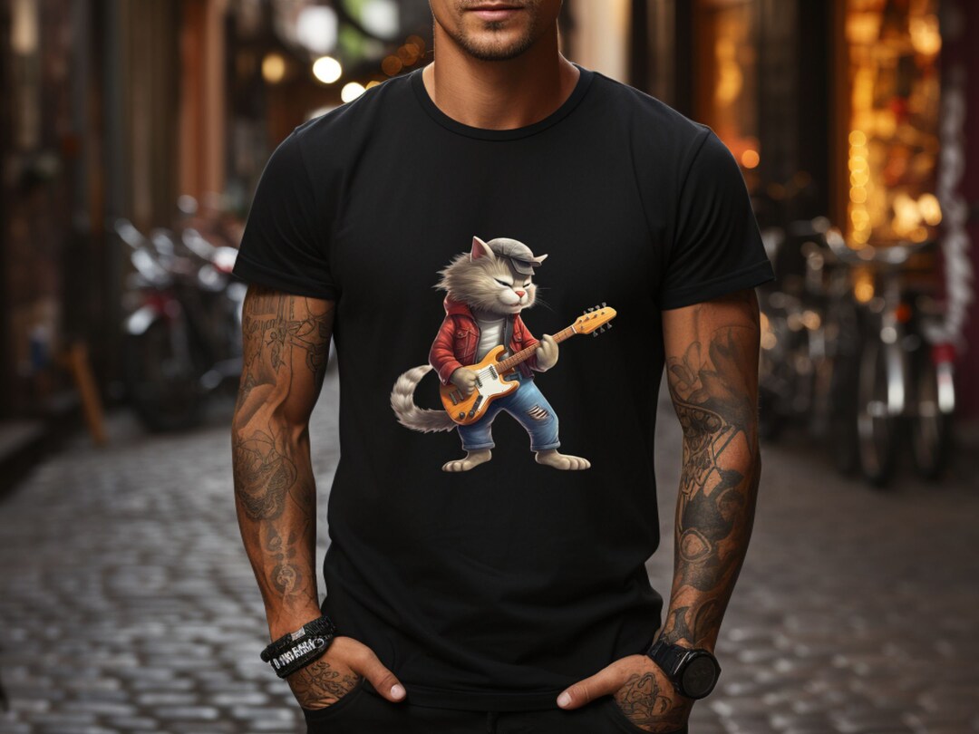 Unisex Rock and Roll Cat Playing Guitar Shirt: A Funny Guitar Cat T ...