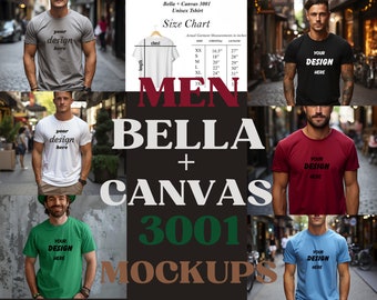 best selling colors Bella Canvas 3001 Men Mockup Mens T-Shirt Mockup Bundle +Bella canvas 3001 size chart