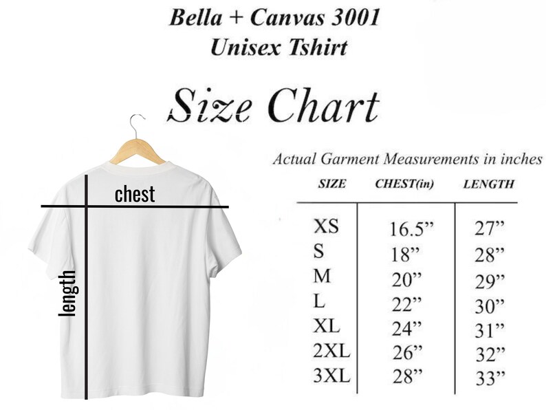 May include: Size chart for a Bella + Canvas 3001 unisex t-shirt. The chart shows chest and length measurements in inches for sizes XS to 3XL.