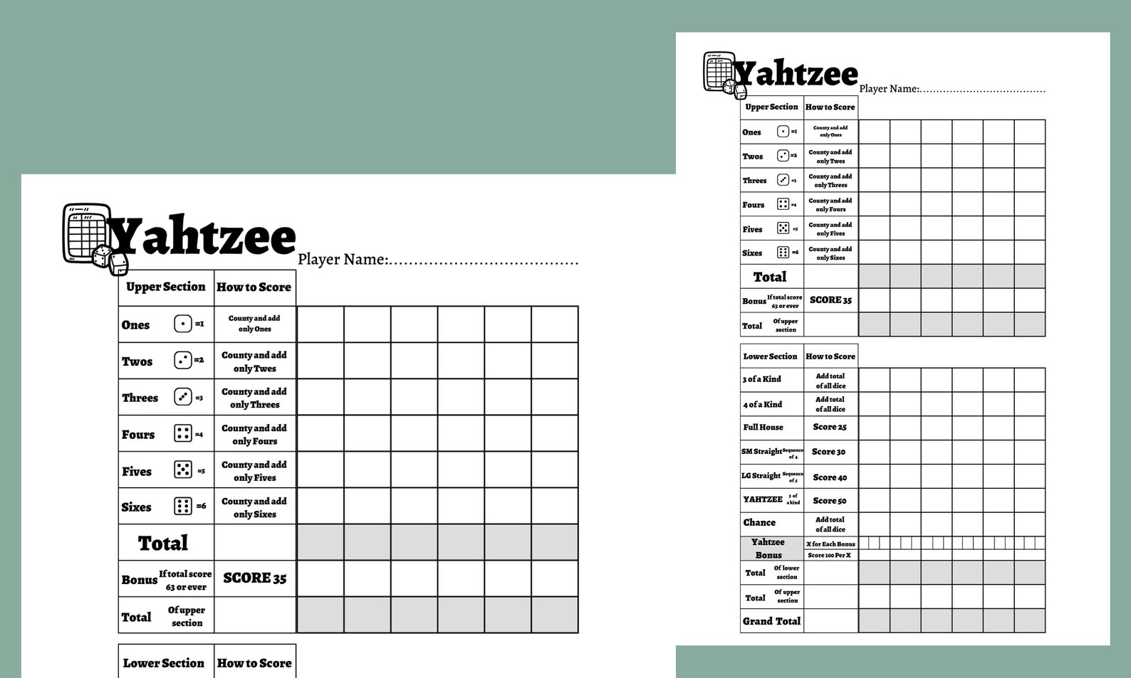 Yathzee Yahtzee Score Sheet Printable Yahtzee Score Card Digital Game