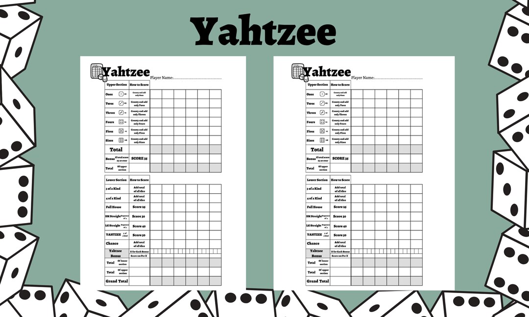 Yathzee Yahtzee Score Sheet Printable Yahtzee Score Card Digital Game