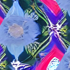 May include: Abstract geometric pattern featuring blue, purple and pink colours. The pattern is made up of repeating shapes that create a sense of movement and depth.