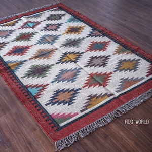 5x7 Wool Jute Kilim Rug, Handwoven, Wool and Jute Rug Handmade, Kilim Dhurrie Rug, Vintage Traditional Indian Jute Area rug Hand Woven Rugs