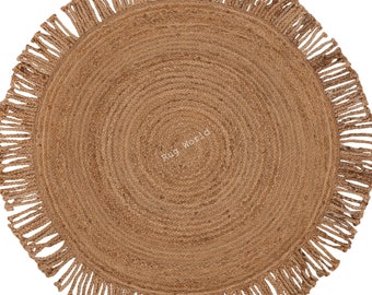 Handmade Round Jute Rug with Fringe, Boho Round Area Rug, Natural Fiber Rug, Bohemian Home Decor, Living Room Rug, Entryway Rug, Custom Size