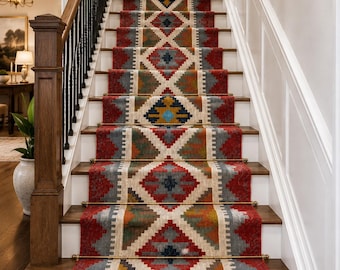Kilim Stair Runner Rug, Southwestern Wool Jute Runner, Tribal Rug, Boho Hallway Runner, Farmhouse Staircase Rug, Geometric Runner, Kilim Rug