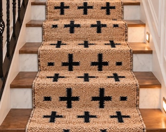 Handmade Hemp Runner Rug, Black Beige Geometric Rug, Jute Runner, Handwoven Hallway Runner, Boho Entryway Rug, Stair Runner Custom Size Rug