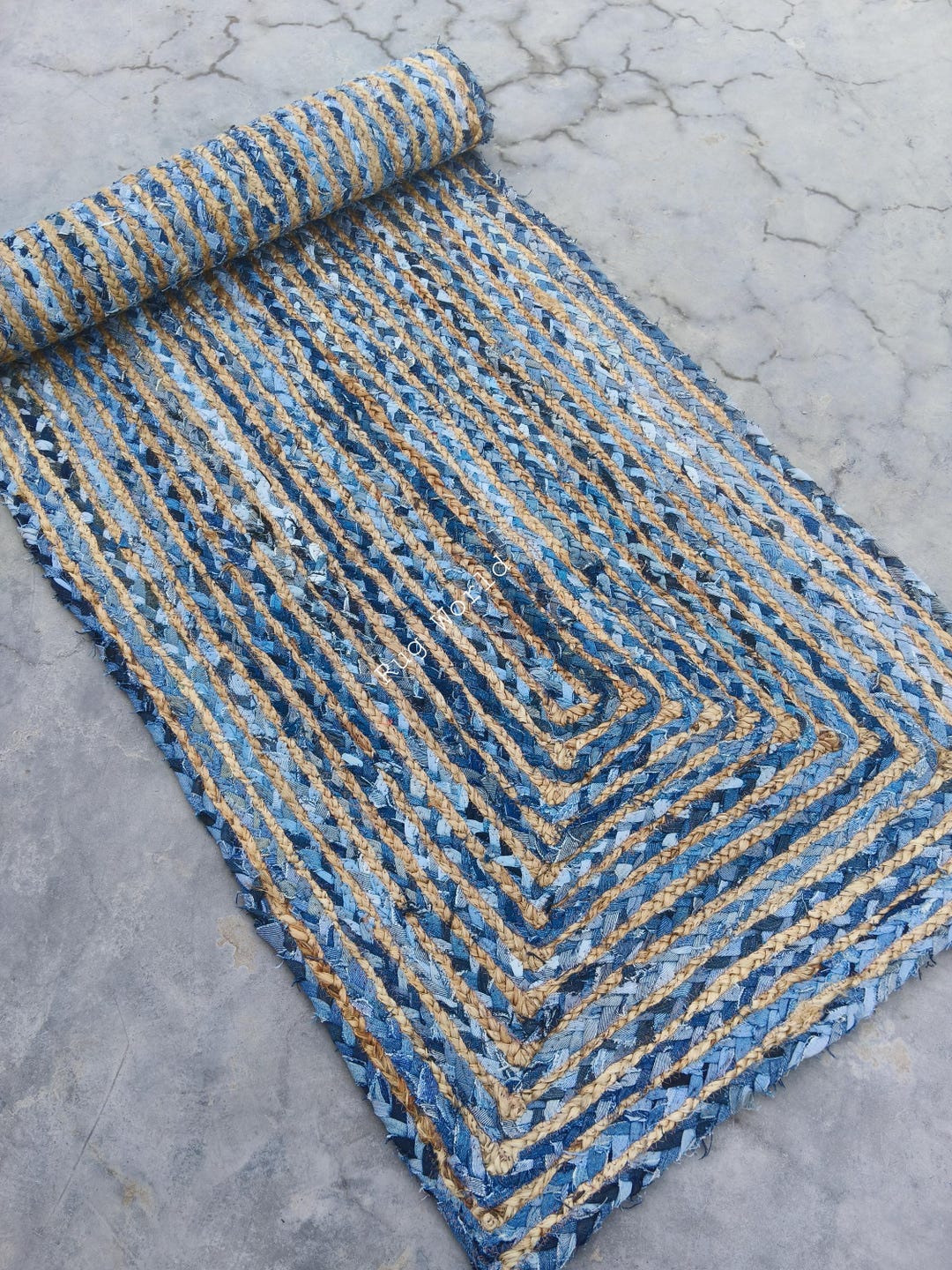 Handmade Denim Chindi Jute Runner Rug, Boho Runner Rug, Braided Chindi ...