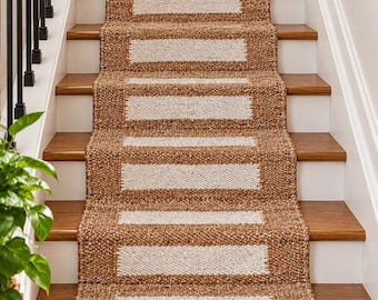 Hemp Jute Runner- Handwoven Hemp Runner Rug, Beige White Striped Hemp Runner, Geometric Hallway Rug, Boho Entryway Rug, Outdoor Rug
