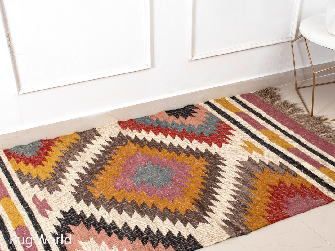 Kilim Wool Jute Area Rugmulti Color Design Area Rug Modern Etsy