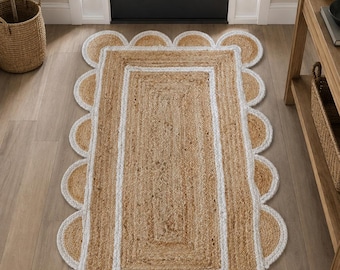 Scalloped Jute Runner Rug, Braided Natural Fiber Rug, Boho Farmhouse Decor, Braided Jute Runner, Woven Jute Rug, Entryway Rug, boho jute rug