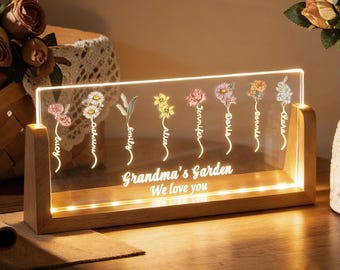 Mom's Garden Night Light, Personalized Birth Month Flower Acrylic Night Light, Grandma's Garden Gift, Nana Birthday Gift, Gifts for Mom