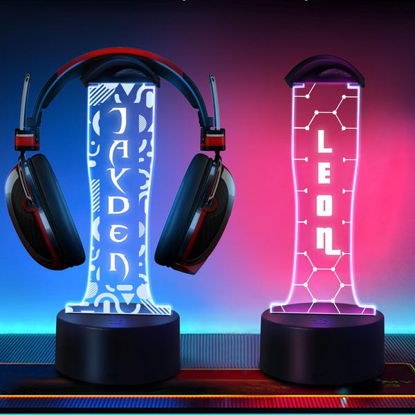 カスタムヘッドフォンスタンド、パーソナライズされたゲーマータグライトサイン、3Dナイトライト、ビデオゲーム愛好家、名前の刻印、ゲーマーギフトLEDサイン