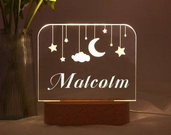 Veilleuse étoile lune personnalisée, veilleuse nuages personnalisée avec nom, lampe de chambre d'enfant, décoration de chambre d'enfant, cadeau nouveau-né, cadeaux maman pour elle