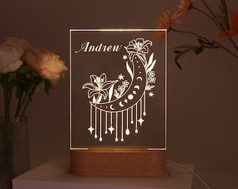 Personalized night lamp with Moon Flower, Custom Night Light with Name, Led Night Lamp, Baby Gift Birth, Baby Bedside Lamp Gift for Kids