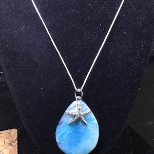 Blue Agate Pendant with Starfish Necklace on Silver Chain. Matching earrings included