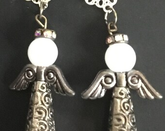 Angel Earrings in Silver and White on Studs
