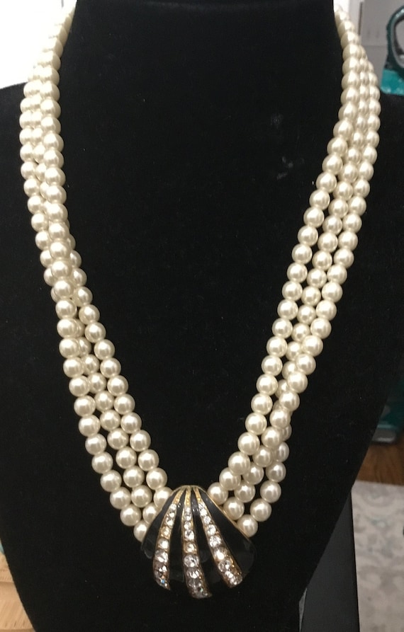 Vintage Triple Strand Faux Pearl Necklace with She