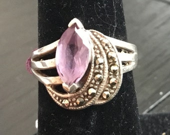 Amethyst and Marcasite Ring in Sterling Silver
