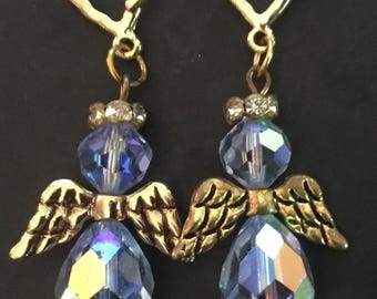 Blue Angel Earrings on Gold Plated Heart Studs