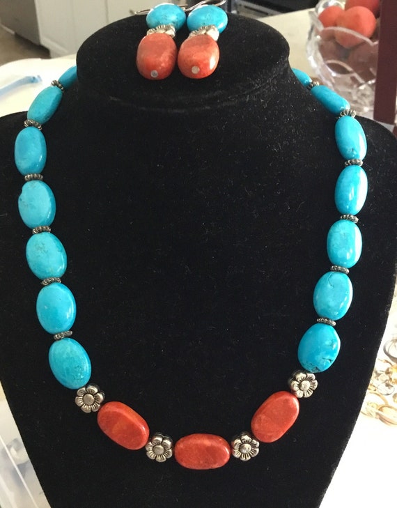 Turquoise And Red Coral Necklace Necklace With Turquoise And - Main Image