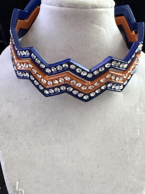 Blue and Orange Rhinestone Interlocking Metal Ban… - image 1