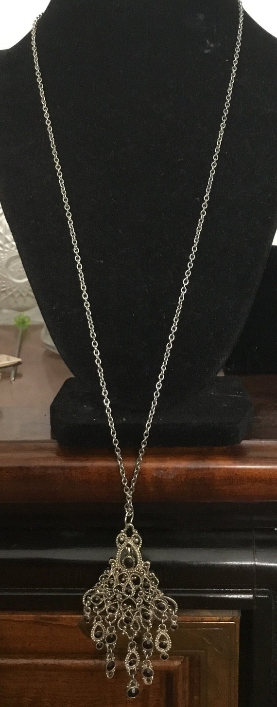Vintage Silver Necklace with Black rhinestones