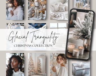May include: A collection of images featuring a winter wonderland theme with a white and silver color scheme. The images include a woman holding a sparkler, a nutcracker figurine, a white couch, a silver Christmas tree, a silver gift box, and candles in glass holders.