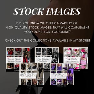 May include: A collage of digital product mockups for stock images. The images are organized into collections with titles like "Crimson Opulence", "Onyx Decadence", "Pink Paradise", "Aesthetic Girl Boss", and "Purple Prestige".