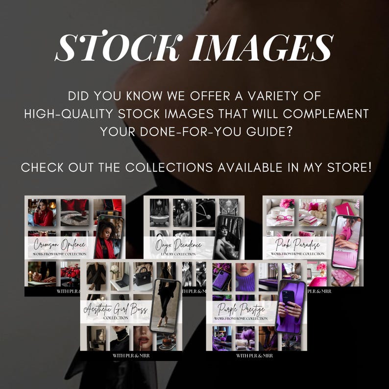 May include: A collage of digital product mockups for stock images. The images are organized into collections with titles like "Crimson Opulence", "Onyx Decadence", "Pink Paradise", "Aesthetic Girl Boss", and "Purple Prestige".