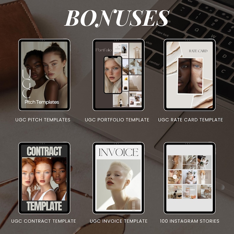 May include: A collage of digital templates for social media marketing, including a pitch deck, portfolio, rate card, contract, invoice, and 100 Instagram stories. The templates feature a minimalist aesthetic with a neutral color palette.