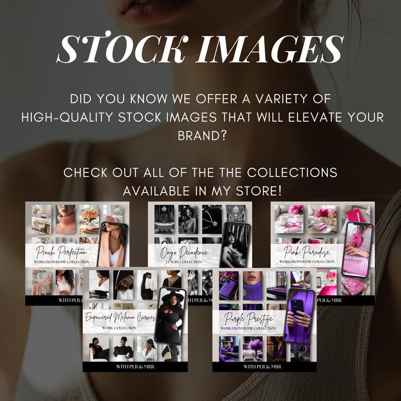 May include: A collage of digital product mockups for stock images. The mockups feature various colors and themes, including peach, pink, purple, and black and white. The text "Peach Perfection", "Onyx Decadence", "Pink Paradise", "Empowered Melanin Curves", and "Purple Prestige" is visible on the mockups.