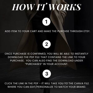 May include: A three-step guide on how to purchase and download a digital product on Etsy. The steps are numbered 1, 2, and 3. The text explains that after purchasing the product, you will be able to download a PDF file that contains a link to the Canva file. You can also find the download under "Purchases" in your account.