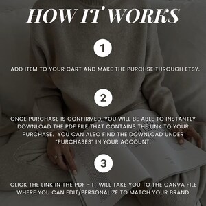 May include: How it works: A three-step guide to purchasing and downloading a digital product on Etsy.  Add item to cart, download the PDF file, and click the link to access the Canva file.