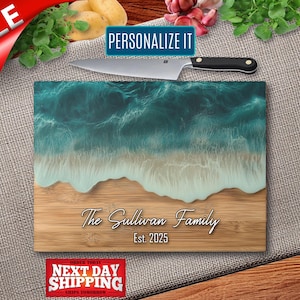 Personalized Ocean Tempered Glass Cutting Board: Coastal Kitchen Decor