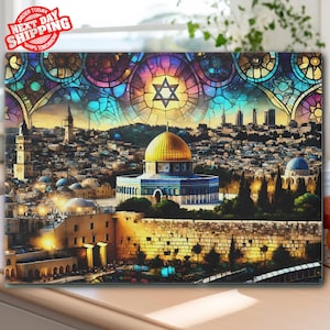 Jerusalem Star of David Stained Glass Challah Board: Tempered Glass Judaica Gift