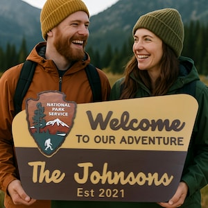Personalized Camping Gift | Custom Adventure Sign with Family Name | National Park RV Decor | Cabin Gift for Him, Her, or Family