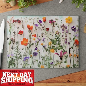 Wildflower Glass Cutting Board: Botanical Engraved Home Decor