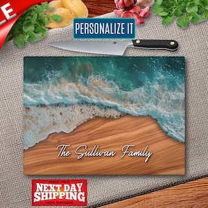 Personalized Ocean Tempered Glass Cutting Board: Coastal Kitchen Decor